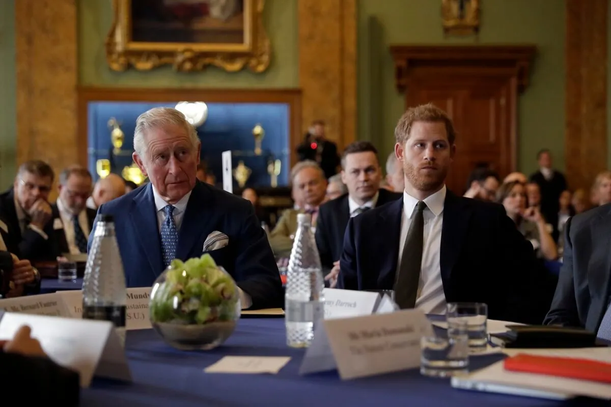 Now-King Charles and Prince Harry listening during the 'International Year of The Reef' 2018 meeting at Fishmongers Hall in London