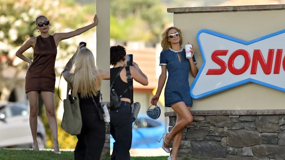 Wearing summer dresses Paris Hilton and Nicole Richie pose next to the Sonic Drive-In while filming scenes for “The Simple Life” reboot