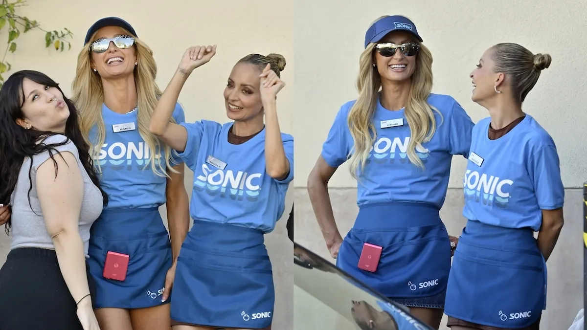 Wearing blue Sonic tee shirts, Paris Hilton and Nicole Richie work at Sonic Drive-In while filming scenes for “The Simple Life” reboot