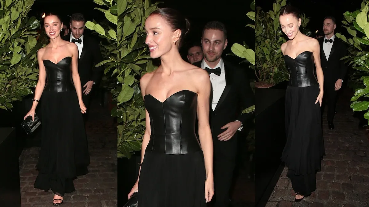 Now-engaged couple Phoebe Dynevor and Cameron Fuller smile while wearing black tie attire to the 2024 BAFTAs