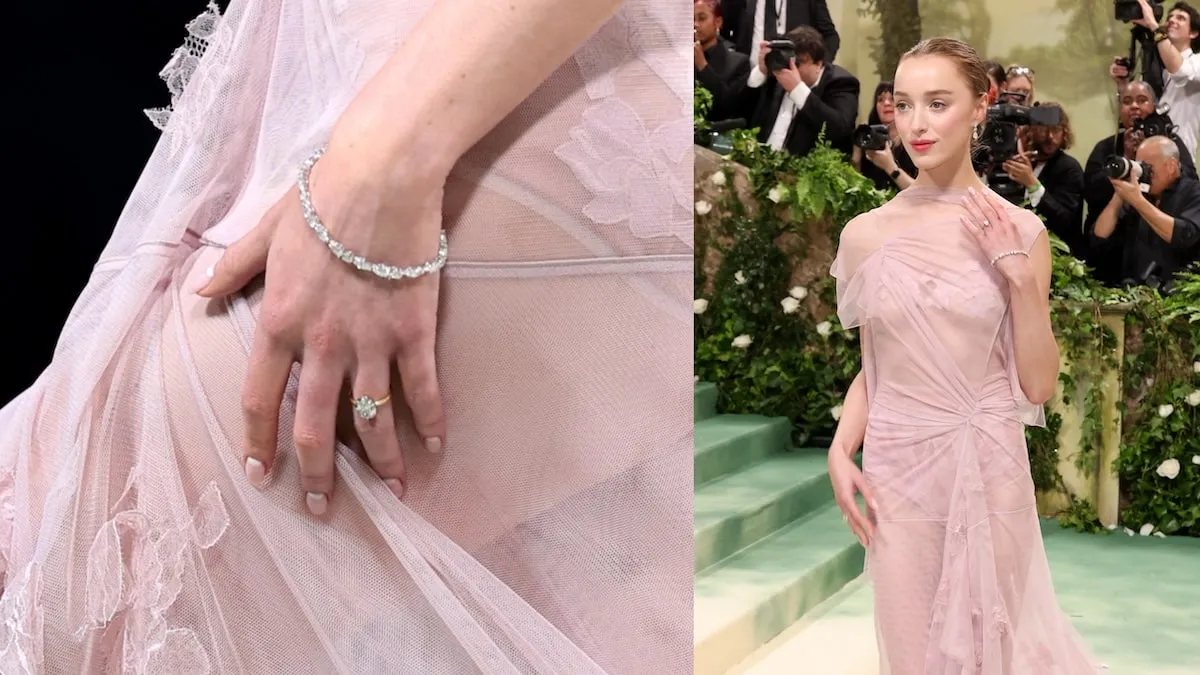 Actor Phoebe Dynevor wears a pale purple dress and her engagement ring at the Metropolitan Museum of Art Costume Institute Benefit Gala 2024