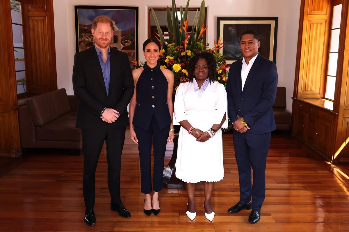 Prince Harry and Meghan Markle pose for photo with Vice President Francia Márquez and Yerney Pinillo during visit to Colombia