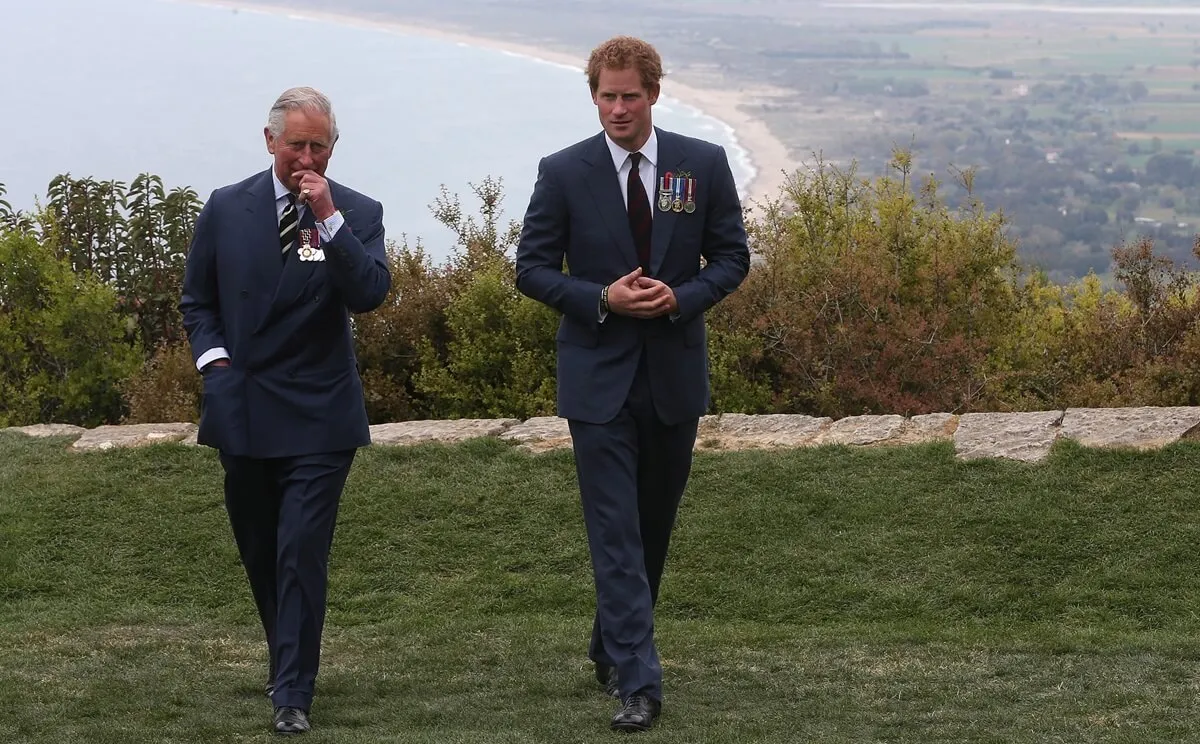 Prince Harry chats with King Charles III during a visit to The Nek, a narrow stretch of ridge in the Anzac battlefield on the Gallipoli Peninsula