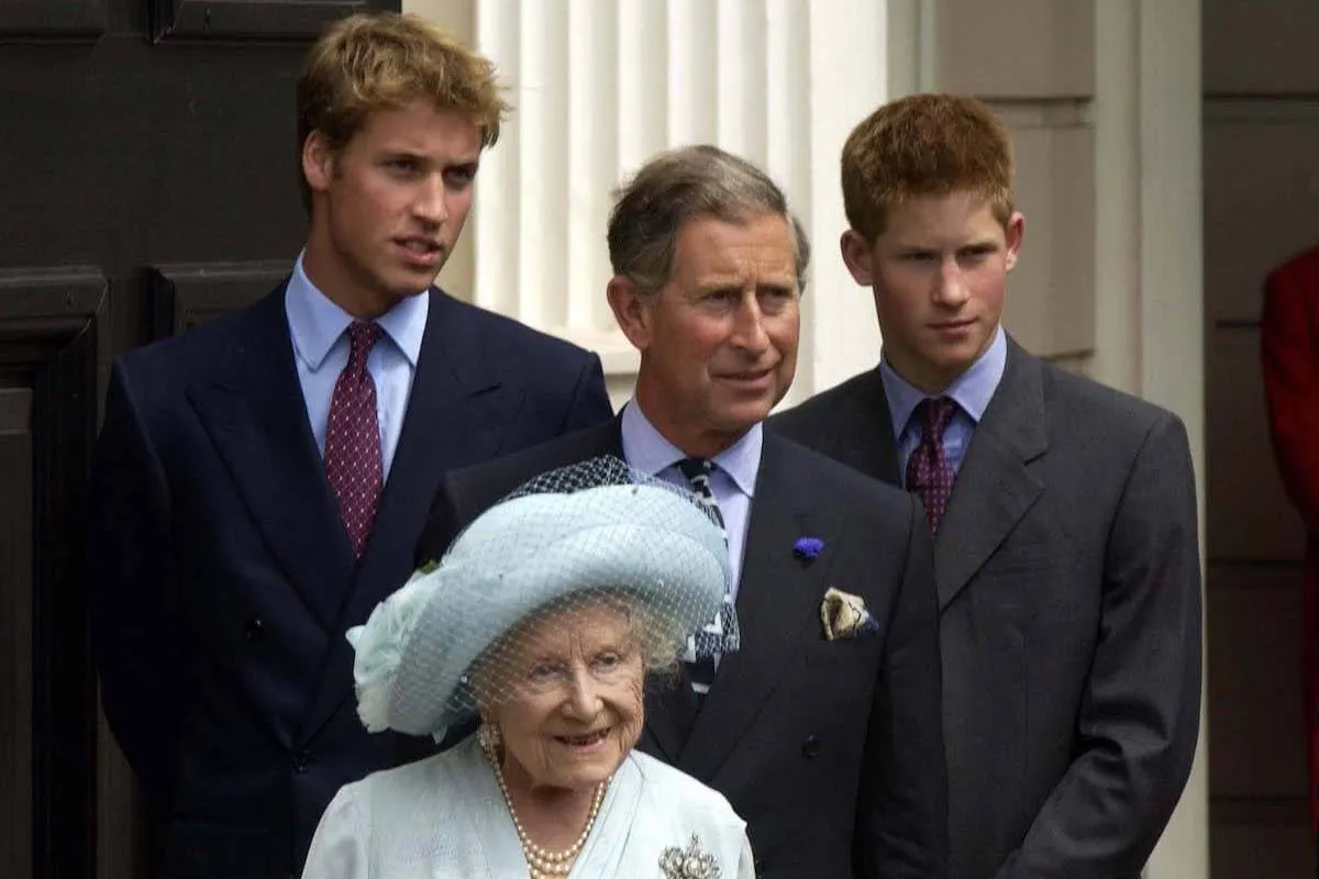 Prince William, who doesn't Prince Harry to get his inheritance, with the Queen Mother, King Charles, and Prince Harry