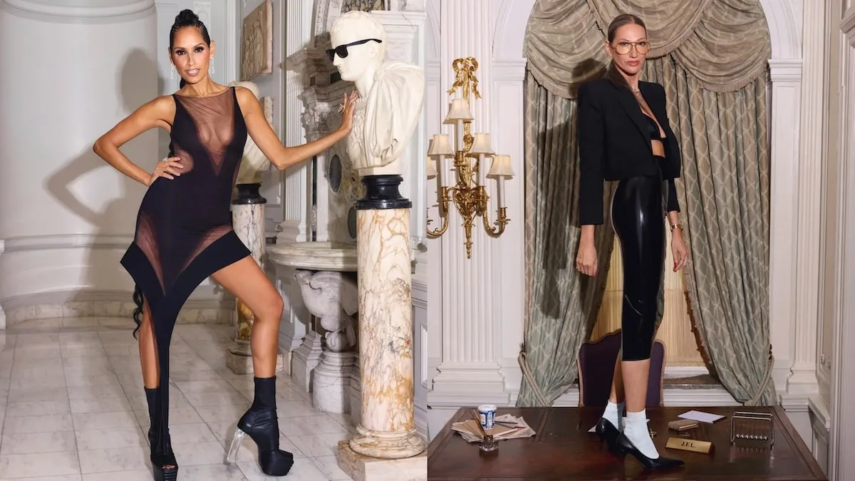 Wearing black outfits, Racquel Chevremont and Jenna Lyons pose for their cast photos for The Real Housewives of New York City