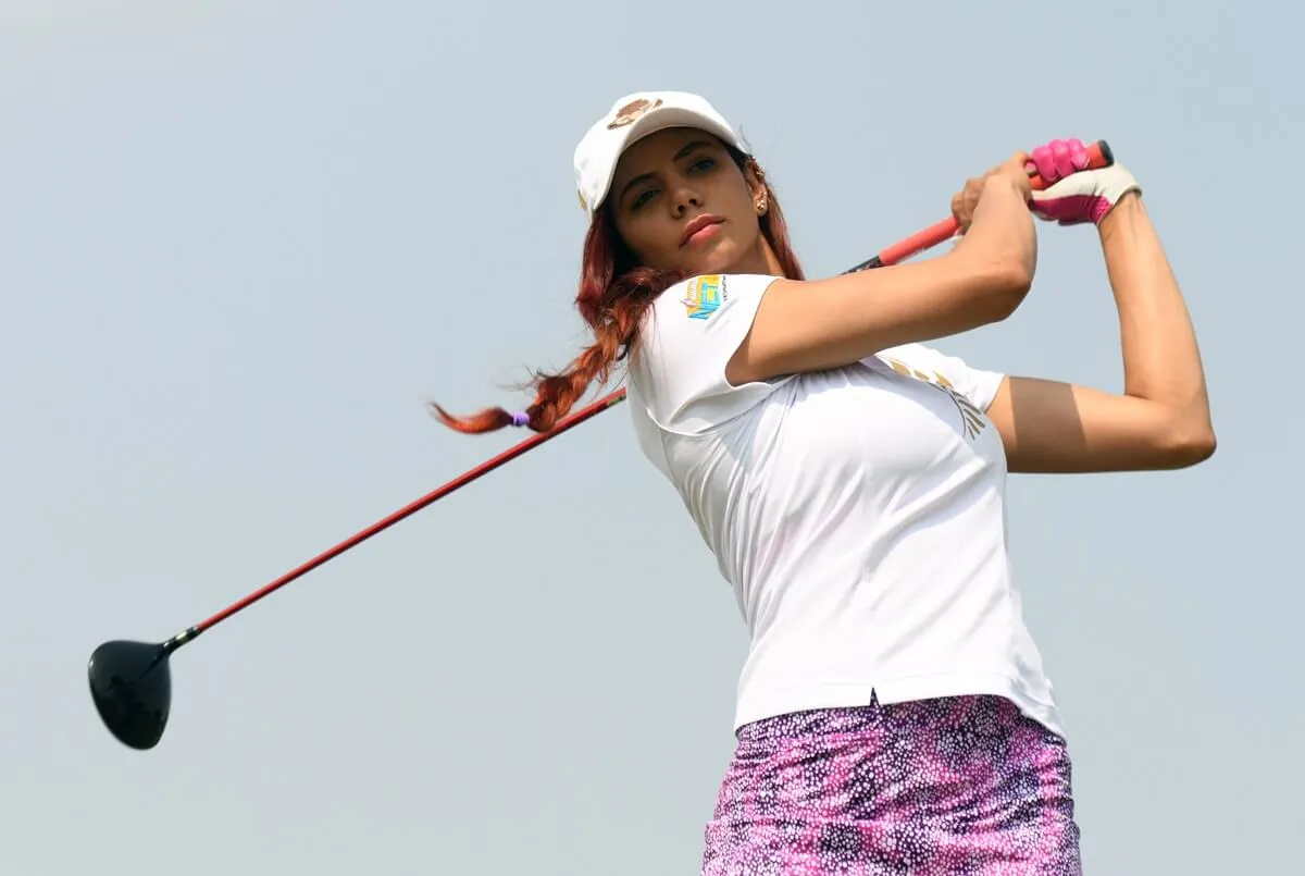 Sharmila Nicollet plays a shot during the fourth edition of the Krishnapatnam Port Golden Eagles Golf Championship