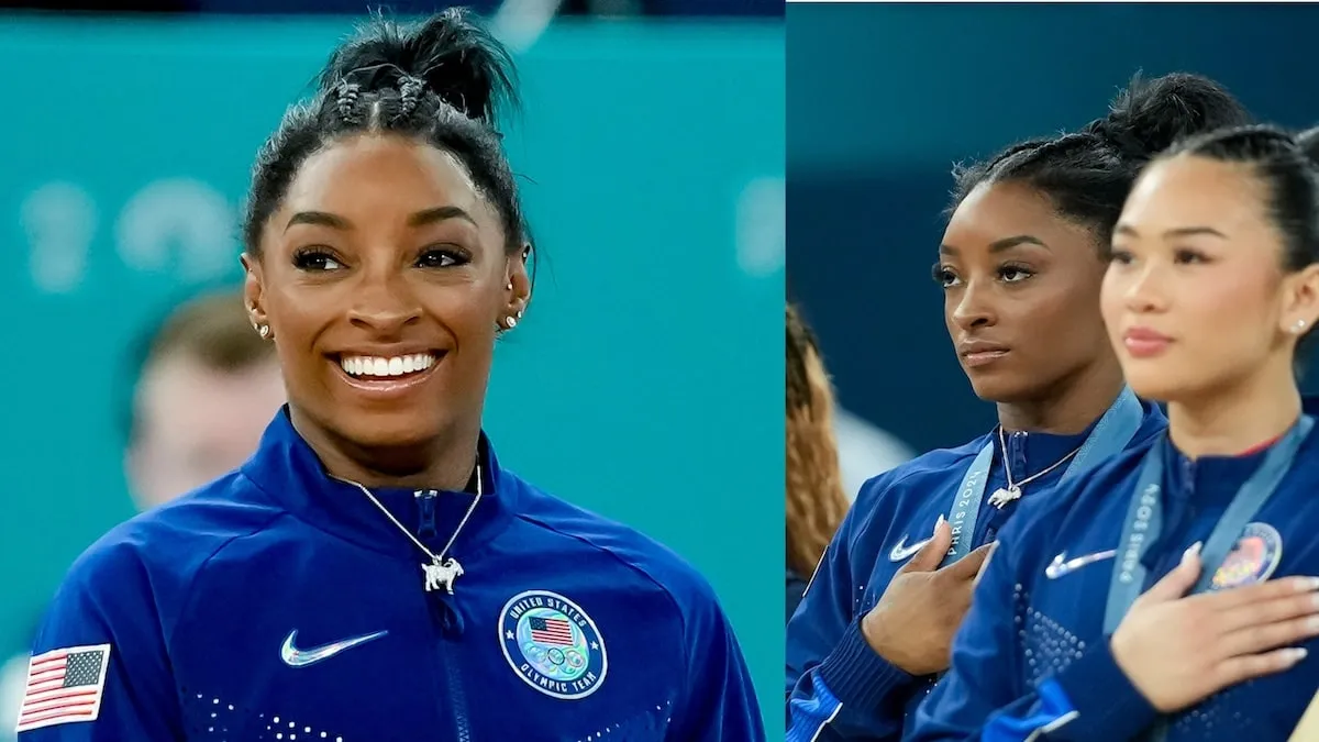 Gymnasts Simone Biles and Suni Lee put their hands over the hearts during the national anthem