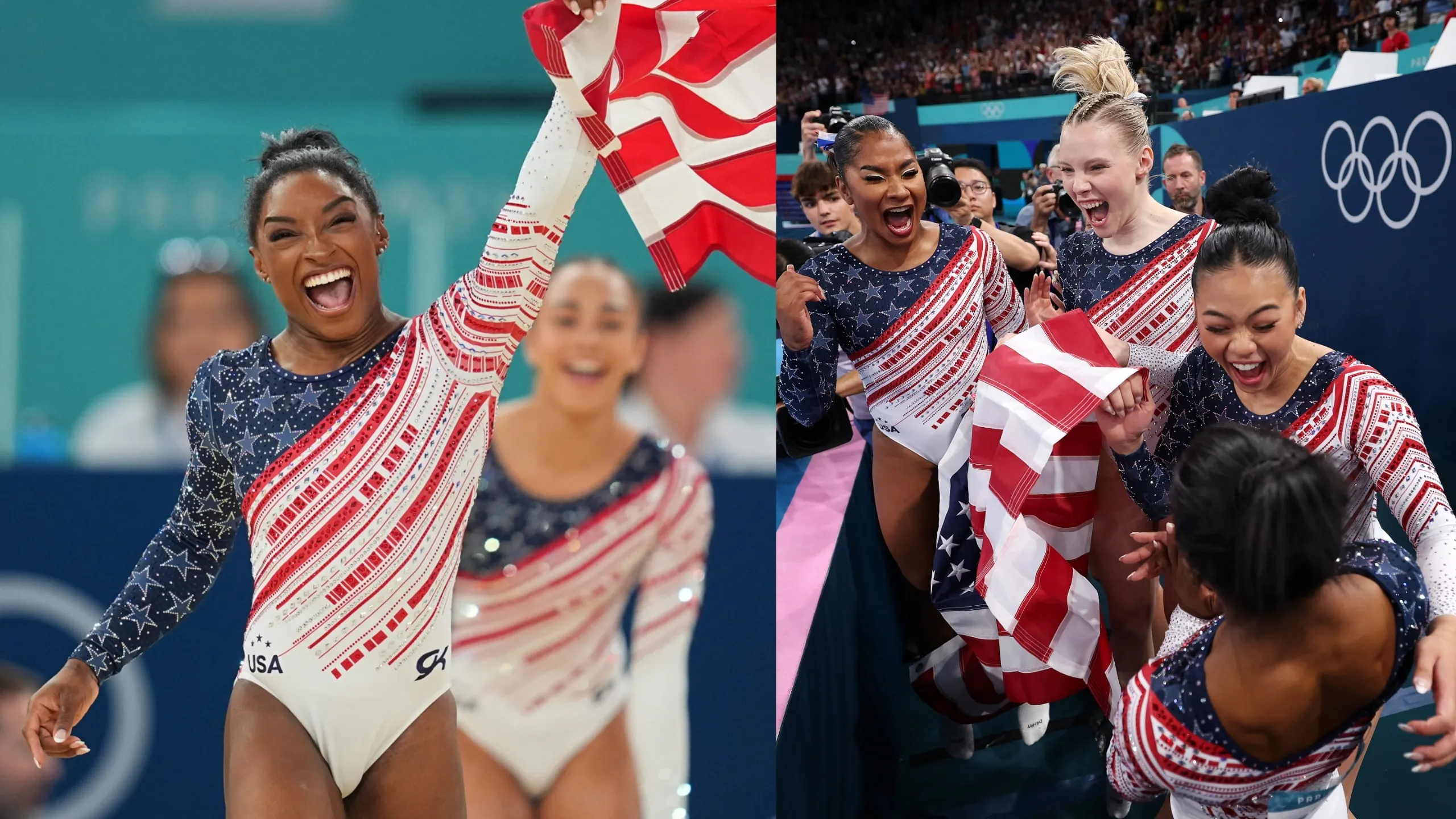 Gymnasts Jordan Chiles, Jade Carey, Sunisa Lee, and Simone Biles of Team United States celebrate after winning the gold medal