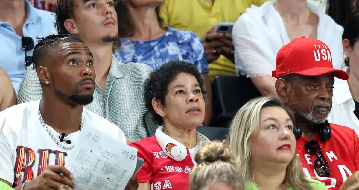 Simone Biles husband Jonathan Owens with her parents Nellie and Ronald Biles look on during the Artistic Gymnastics Women's Team Final in Paris