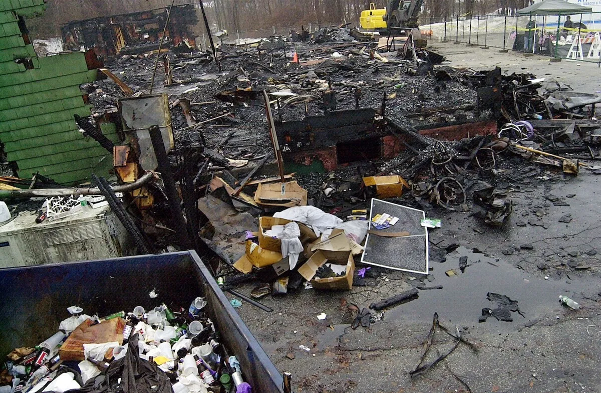 An aerial view of the charred remains of The Station nightclub in February 2003