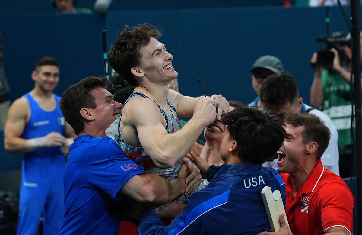 Stephen Nedoroscik of USA celebrates during the Men's Artistic Gymnastics team final on Day 3 of the Olympic Games Paris 2024 at Bercy Arena on July 29, 2024 in Paris, France.