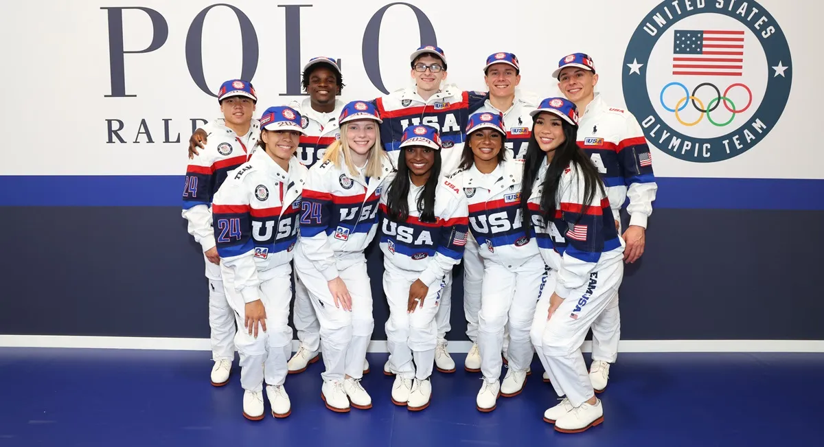 Hezly Rivera, Frederick Richard, Jade Carey, Simone Biles, Stephen Nedoroscik, Jordan Chiles, Brody Malone, Sunisa Lee and Paul Juda pose together ahead of Paris 2024