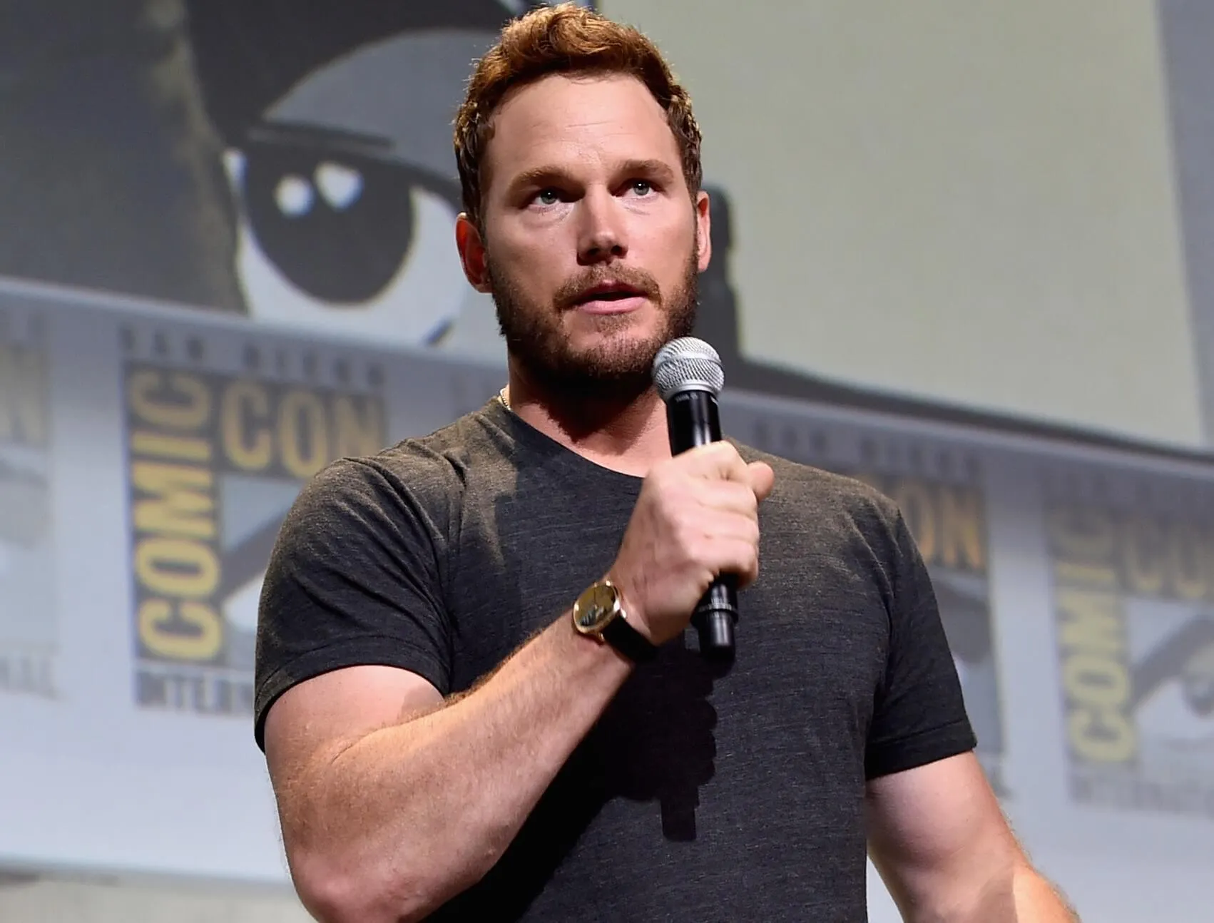 'Guardians of the Galaxy' star Chris Pratt with a microphone