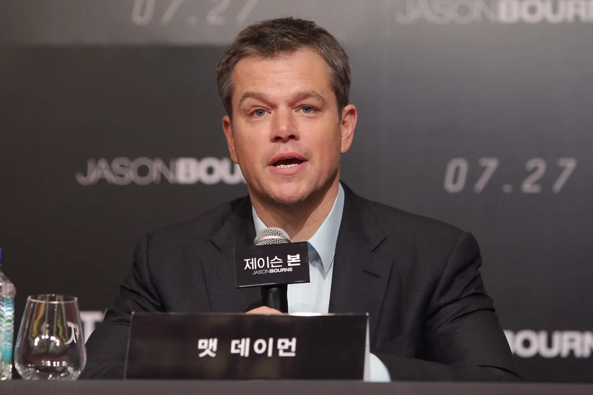 Matt Damon speaking at a press conference for Jason Bourne.