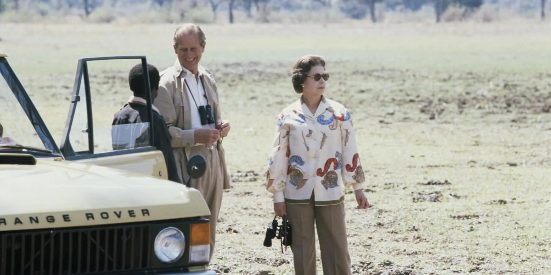 Queen Elizabeth II and Prince Philip on safari during their state visit to Zambia, 1979 where she wore pants.