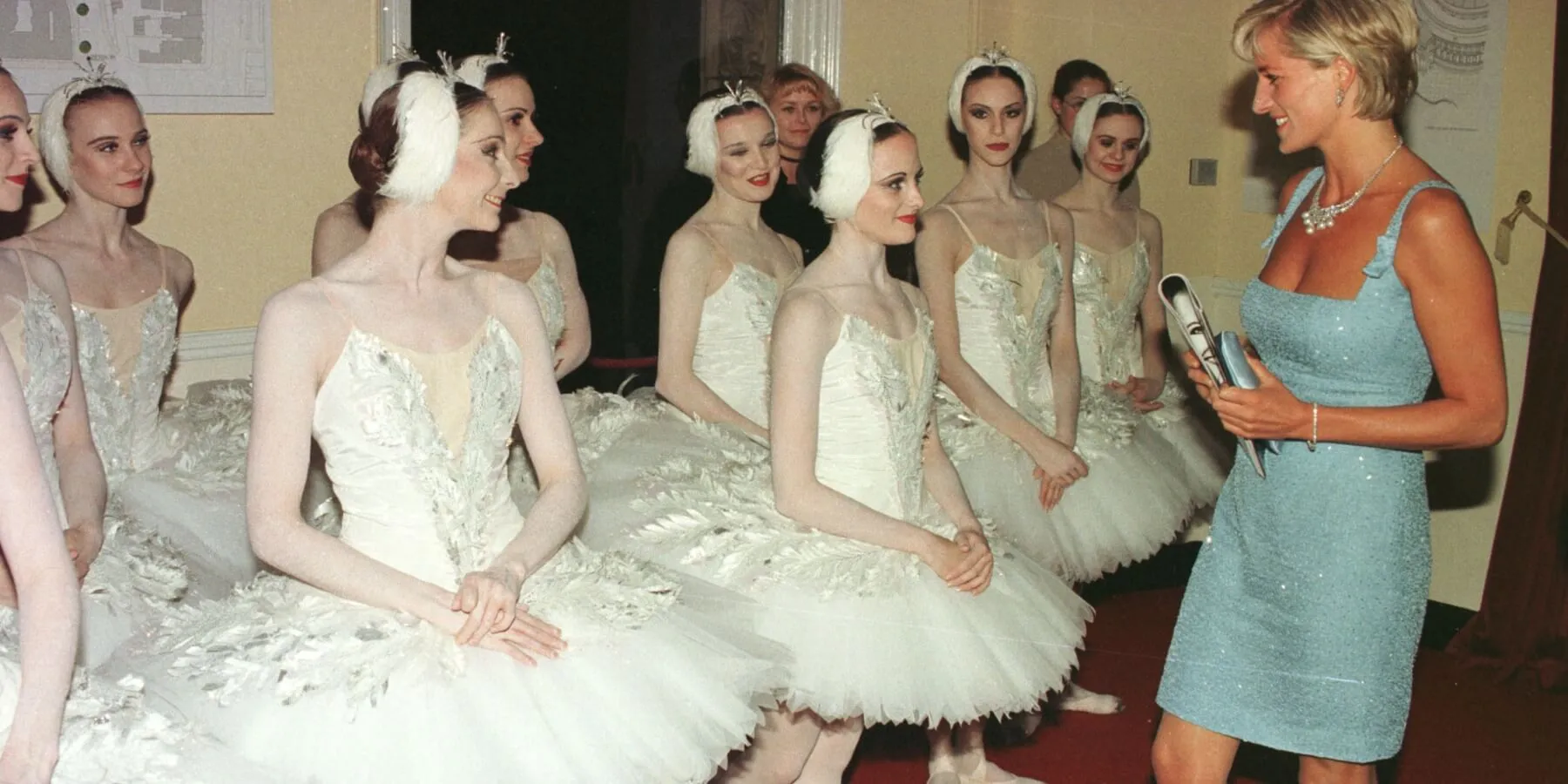 Princess Diana and the English National Ballet after a performance of Swan Lake.