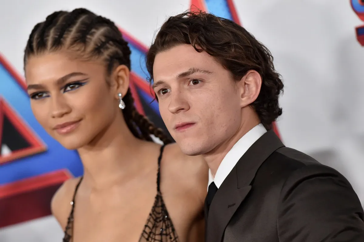 Zendaya and Tom Holland posing together at the premiere of 'Spider-Man: Far From Home'.