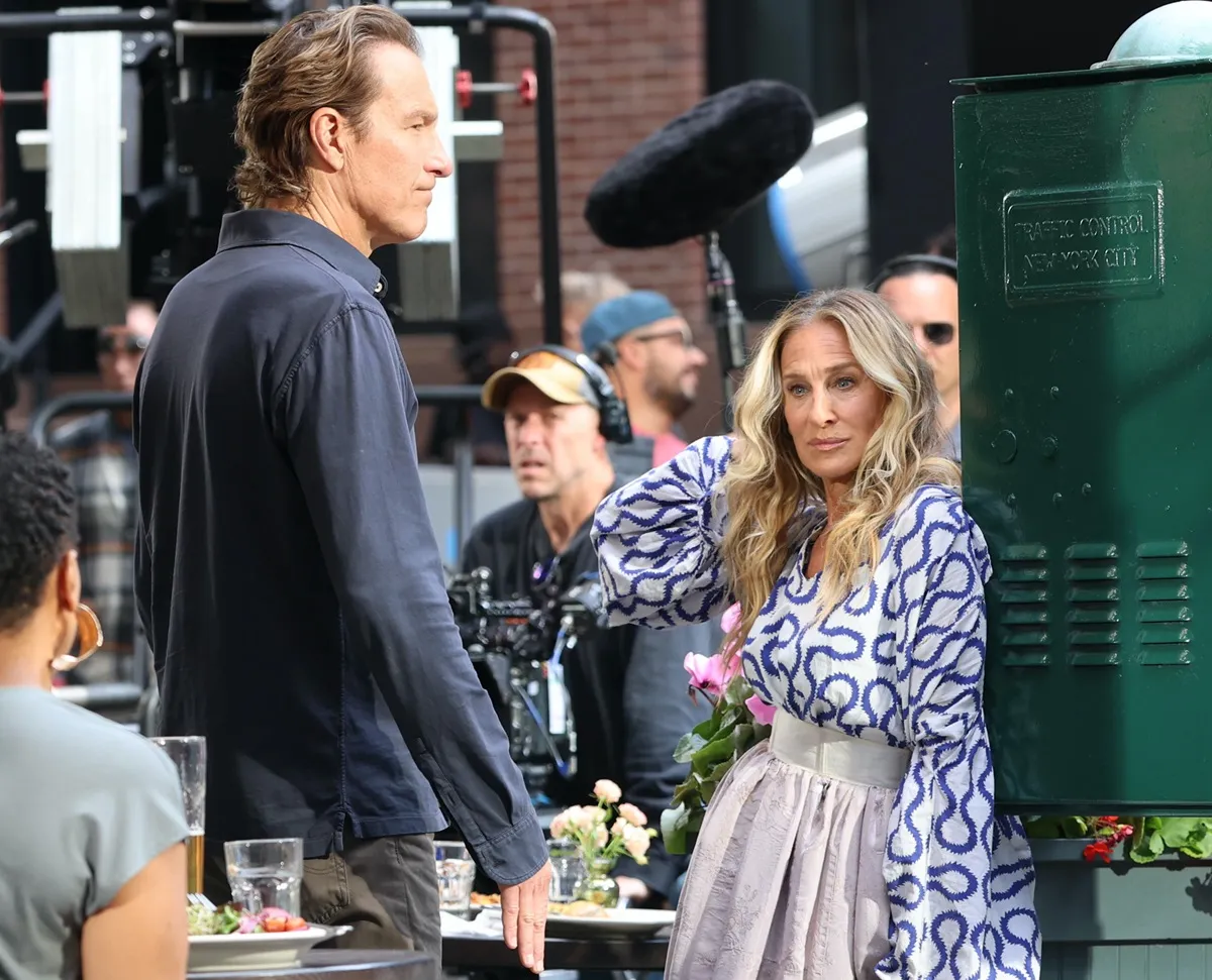 NEW YORK, NY - SEPTEMBER 09: Sarah Jessica Parker and John Corbett are seen on the set of "And Just Like That" on September 09, 2024 in New York City.