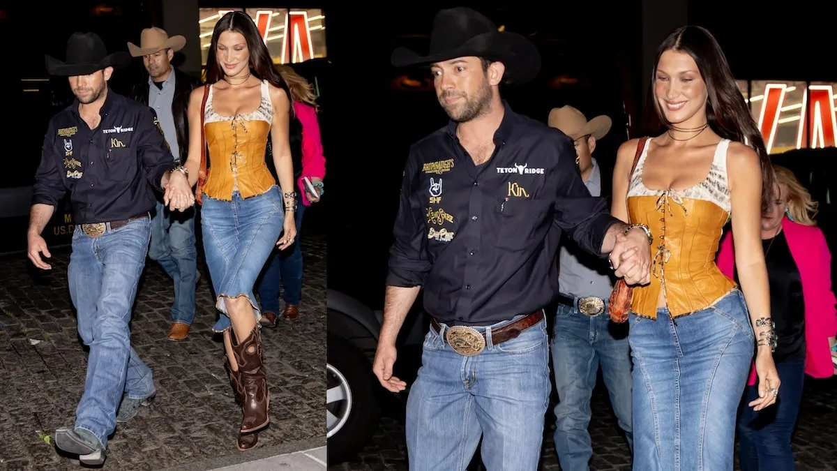 Wearing a leather corset and denim skirt, Bella Hadid holds hands with her boyfriend Adan Banuelos