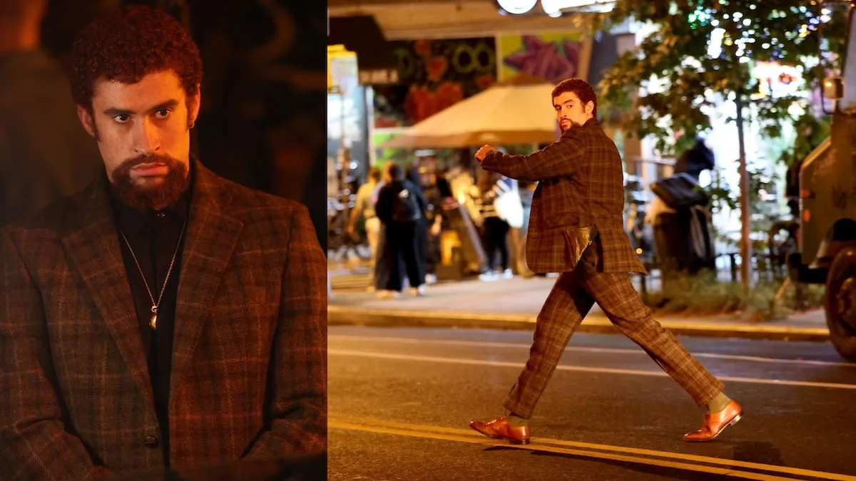 Wearing a brown plaid suit set, Bad Bunny films 'Caught Stealing' on a New York City street