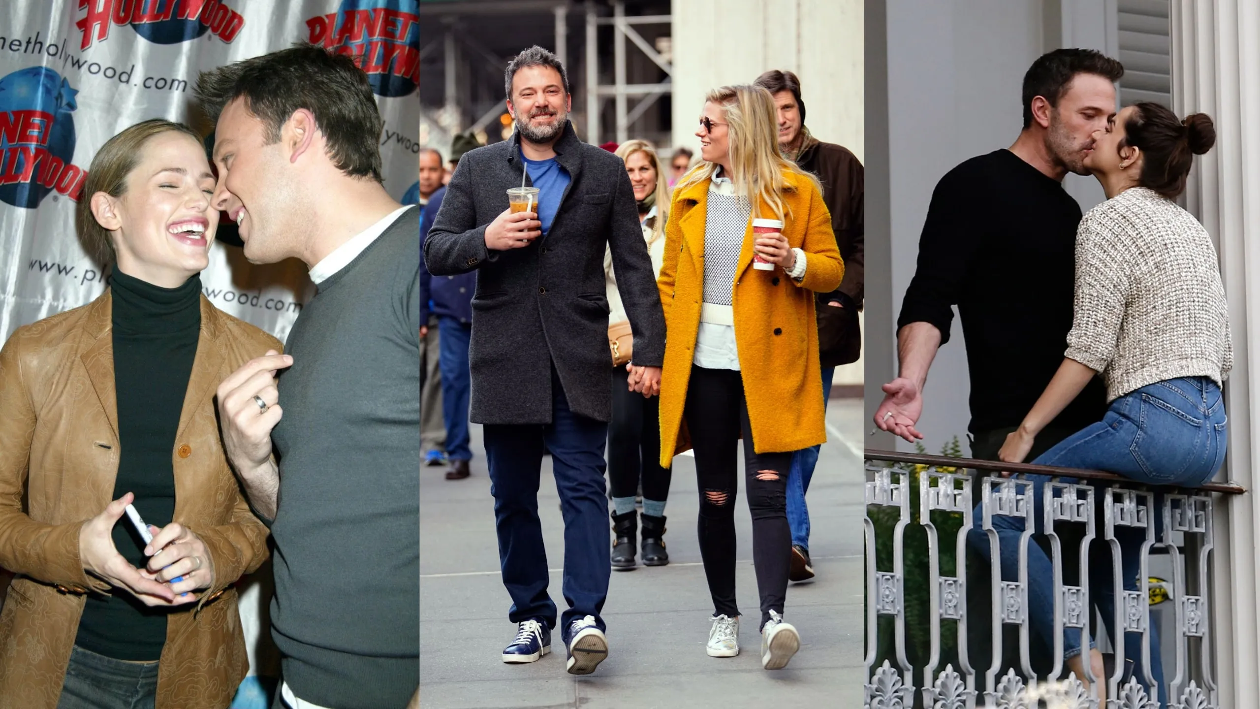 Three photos of Ben Affleck with a woman, first Jennifer Garner, then Lindsay Shookus, then Ana de Armas