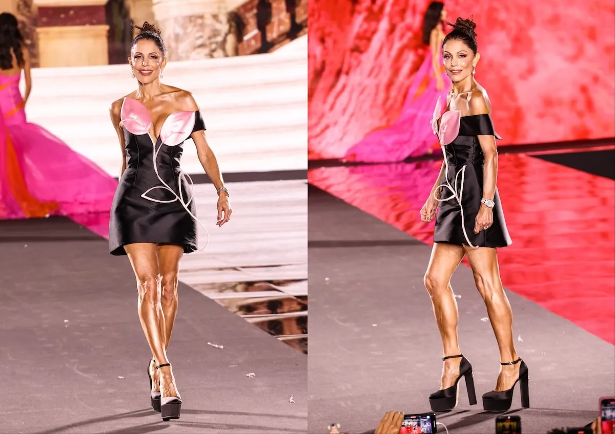 Wearing a black and pink mini dress and sky-high heels, Bethenny Frankel walks the runway in Paris for L'Oreal Paris