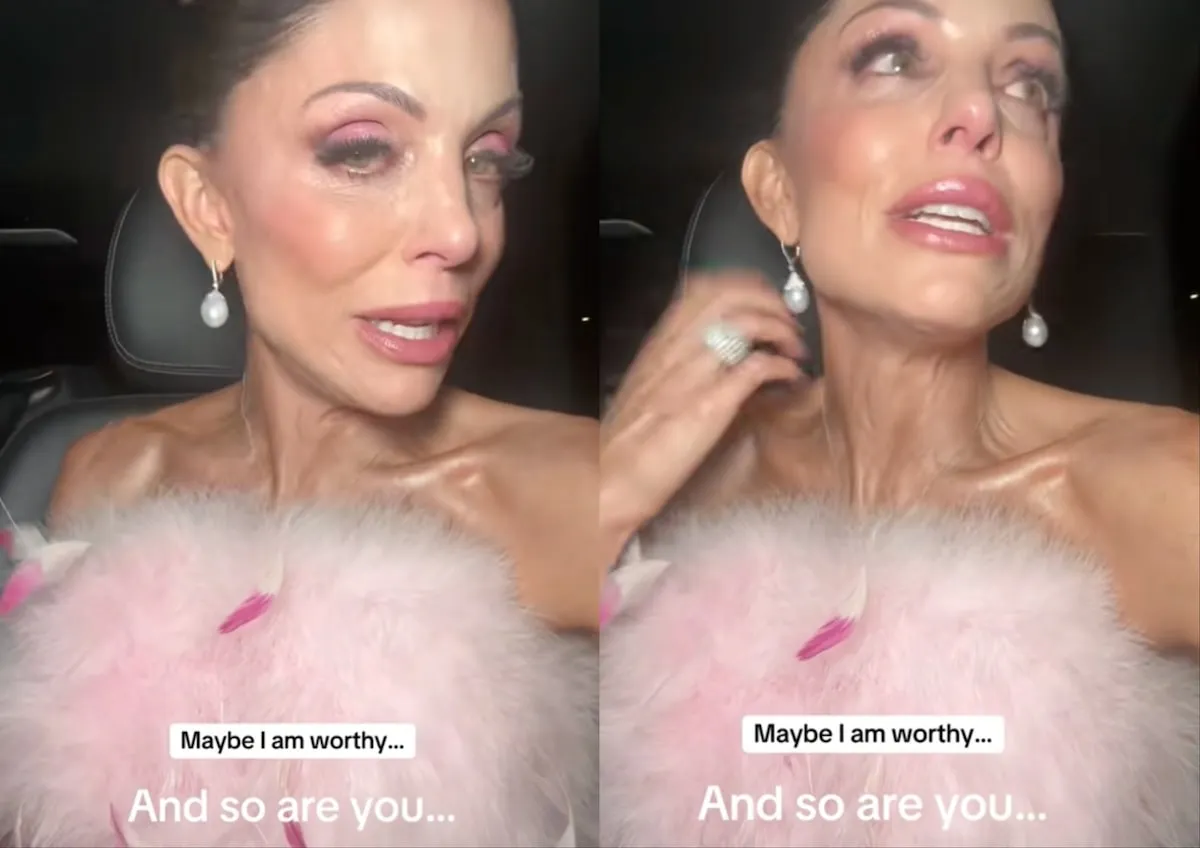 Wearing a pale pink feather boa, Bethenny Frankel shares her L'Oreal Paris experience with her TikTok followers