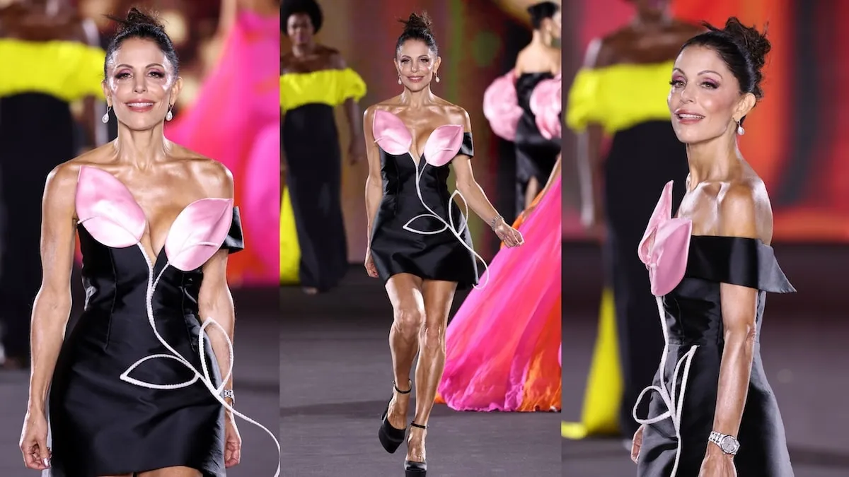 Wearing a black and pink mini dress and sky-high heels, Bethenny Frankel walks the runway in Paris for L'Oreal Paris