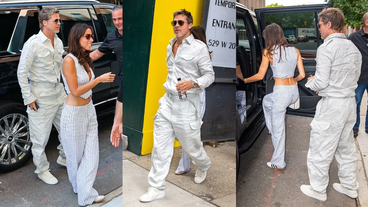 Wearing a white linen outfit, Brad Pitt holds Ines de Ramon's hand in front of cameras