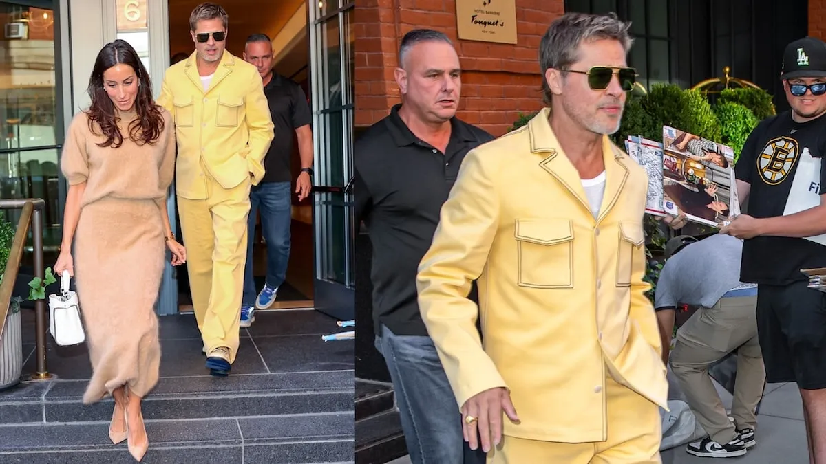 Dating couple Ines de Ramon and Brad Pitt wear beige and yellow respectively as they exit a building in NYC