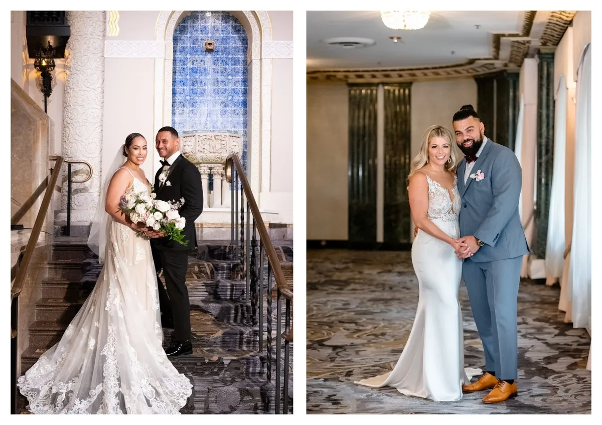 Side by side photos of two heterosexual couples on their wedding day