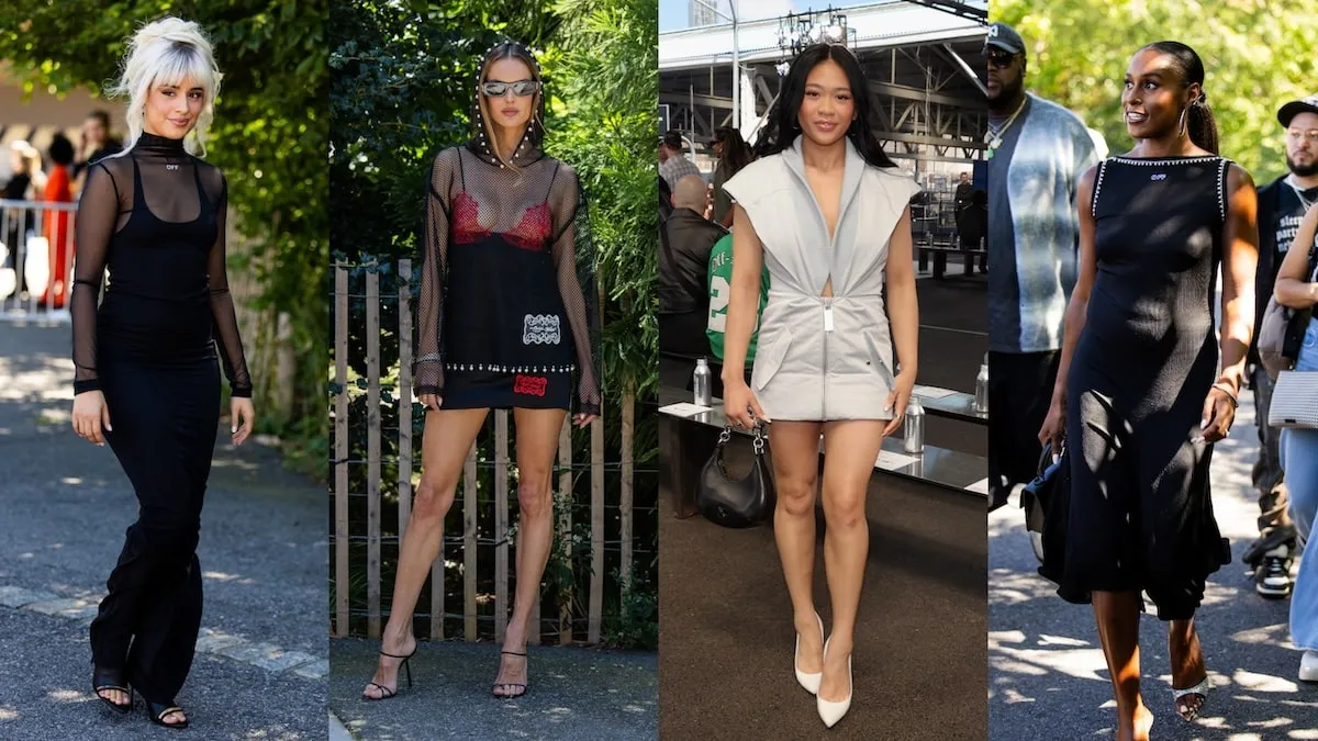 Four celebrities, Camila Cabello, Alessandra Ambrosio, Sunisa Lee, and Issa Rae, pose before the Off-White fashion show in their Off-White outfits