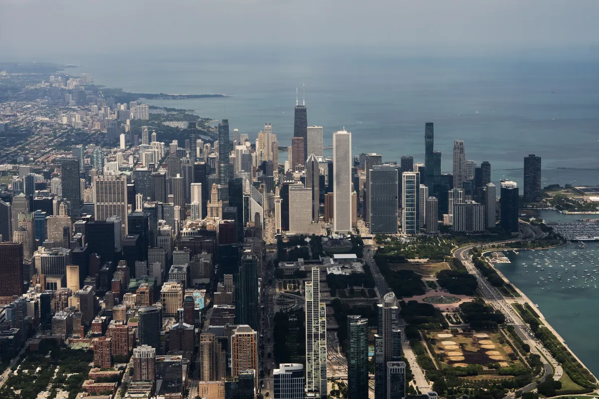 Aerial view of the Chicago skyline looking north with Lake Michigan on the right