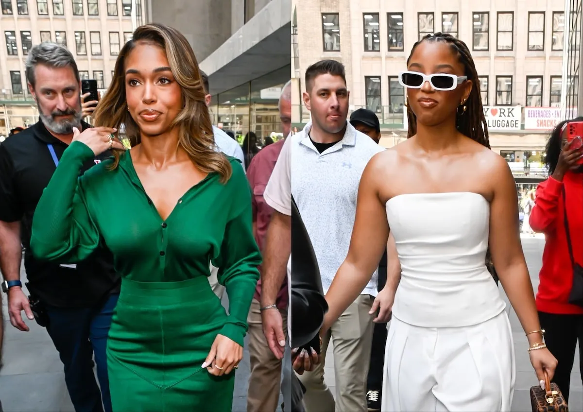 Model/actor Lori harvey wears a silk green top and dress and Chloe Bailey wears a white tube top and pants as they walk past paparazzi in NYC