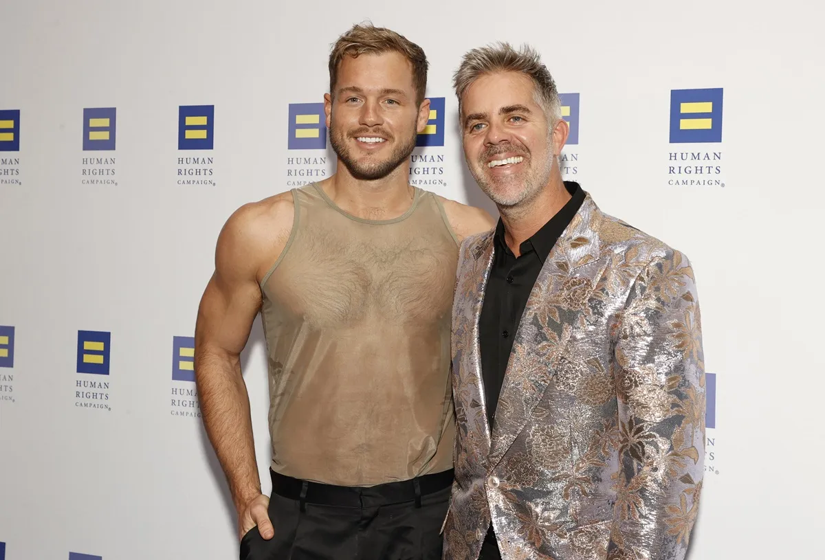 Colton Underwood and Jordan C. Brown arrive for Human Rights Campaign's 2024 Los Angeles dinner at the Fairmont Century Plaza in Los Angeles, March 23, 2024