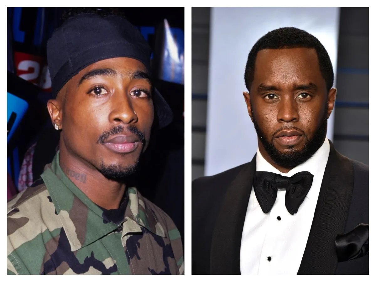 Tupac wears a hat and a camo jacket. Diddy wears a tuxedo.