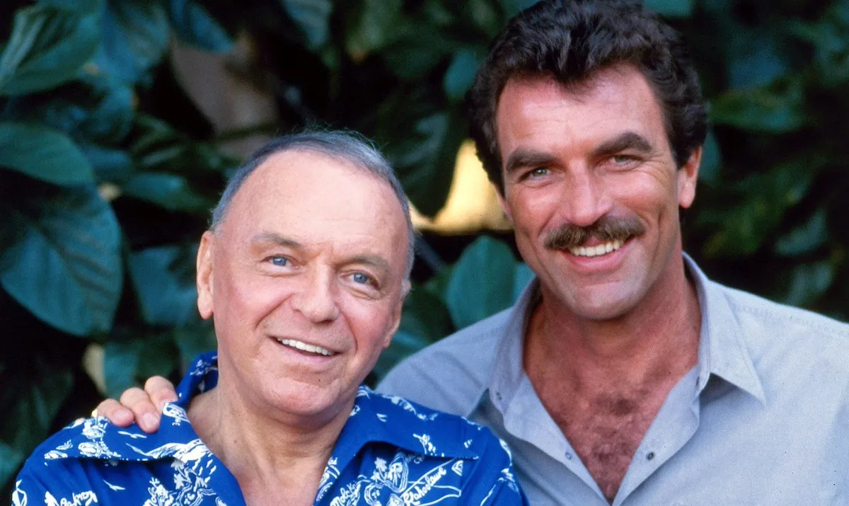 Smiling Frank Sinatra and Tom Selleck on the set of 'Magnum PI'