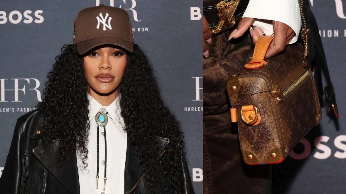 A photo of Teyana Taylor wearing a black leather jacket and brown Yankees baseball hat alongside a photo of her hand holding a Louis Vuitton purse