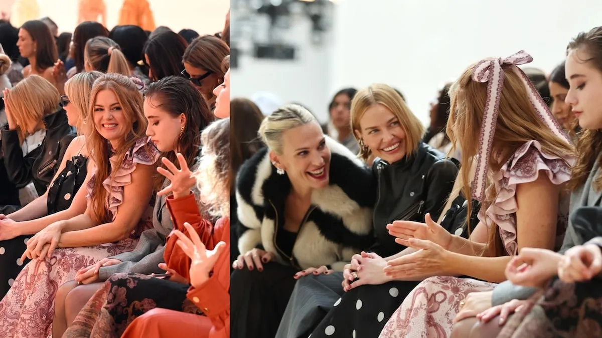 Celebrities Molly Sims, Lara Worthington, Isla Fisher, and Ruby Stokes sit together and laugh at the Zimmermann show