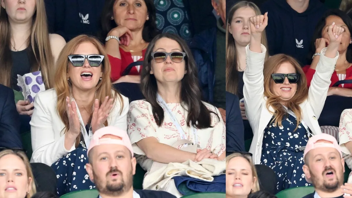 Actor Isla Fisher and her friend cheer at Wimbledon 2025 from their box seats