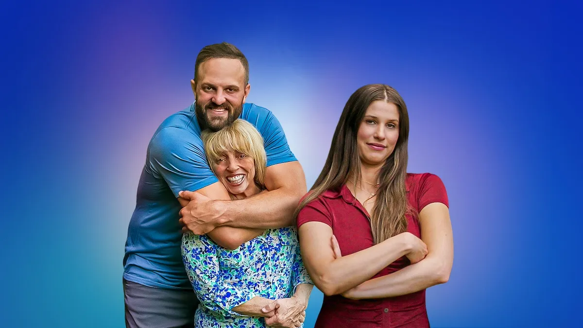 Joshua, Christie, and Janelle from 'I Love a Mama's Boy' Season 4 on a blue background