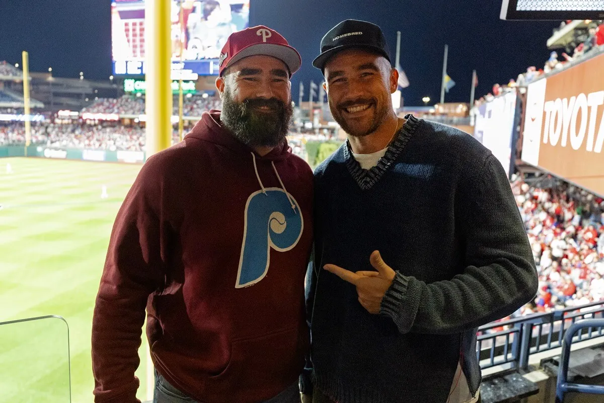 Jason Kelce and Travis Kelce during Game 1 of the NLCS between the Arizona Diamondbacks and the Philadelphia Phillies at Citizens Bank Park