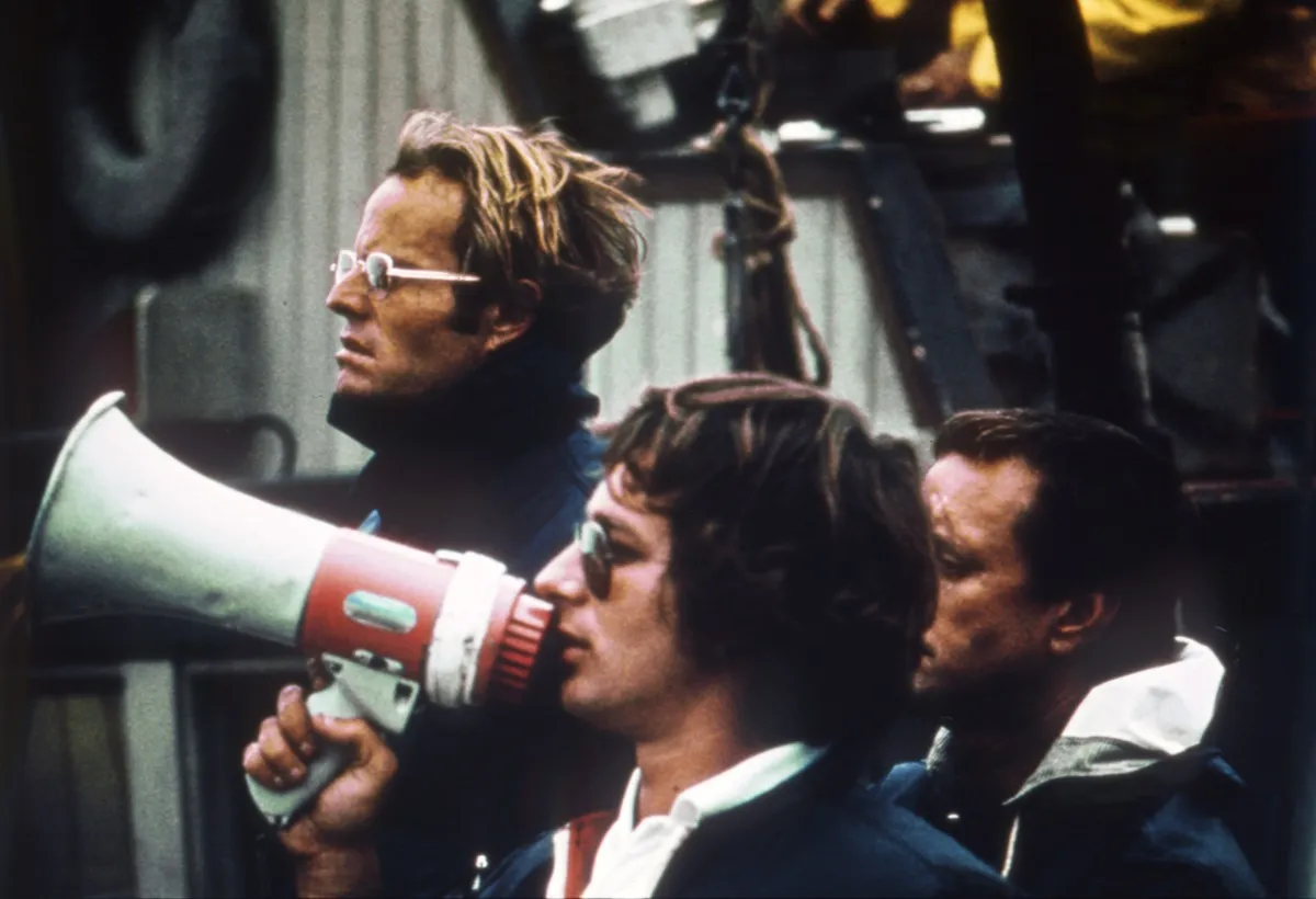 Steven Spielberg directing 'Jaws' on set.