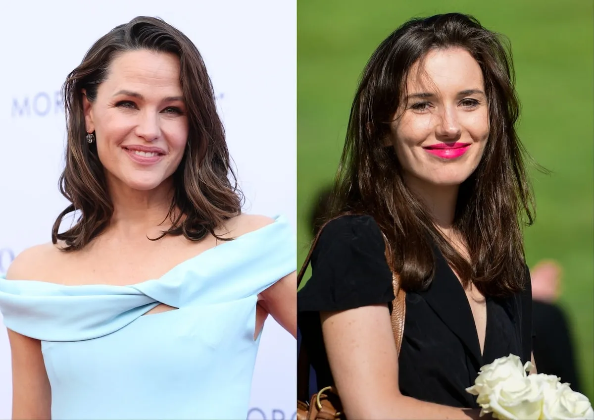 A photo of Jennifer Garner in a light blue dress alongside a photo of Kick Kennedy in a black dress