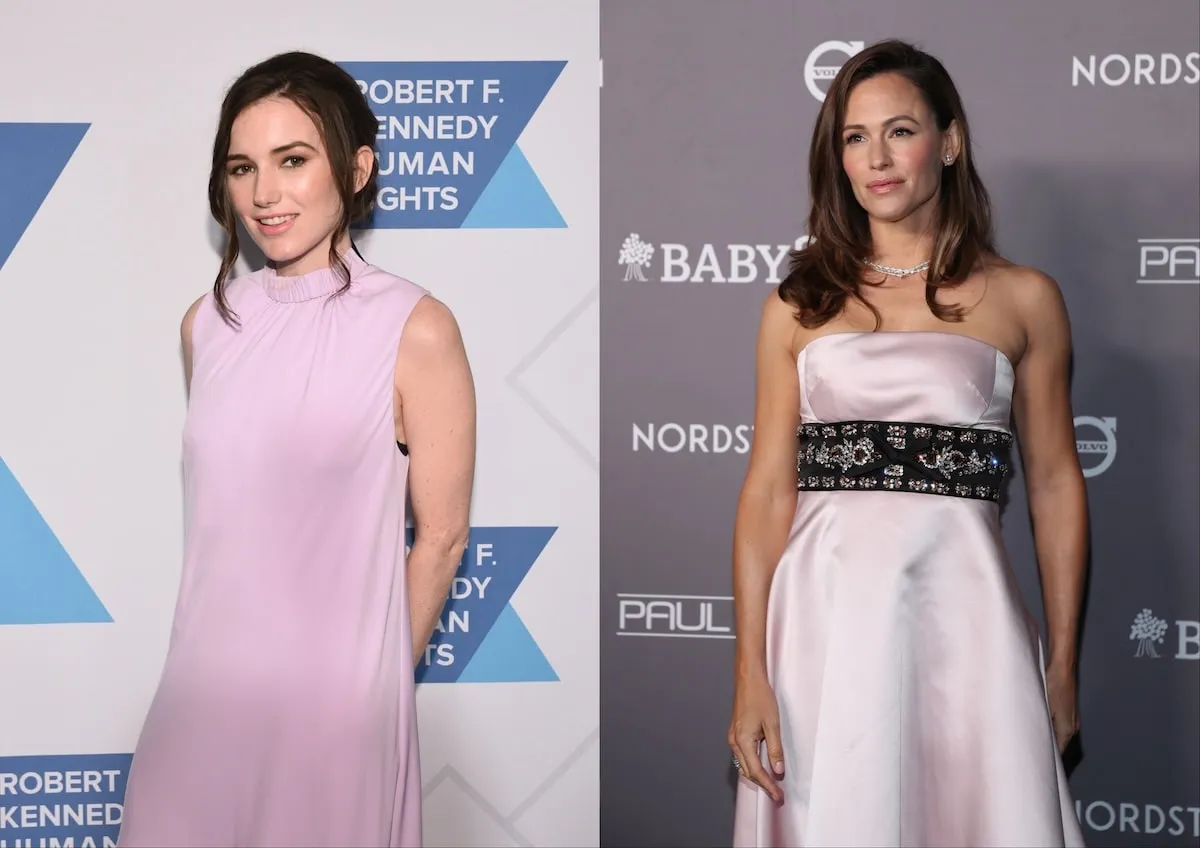 A photo of Jennifer Garner in a pale pink dress alongside a photo of Kick Kennedy in a pale pink dress