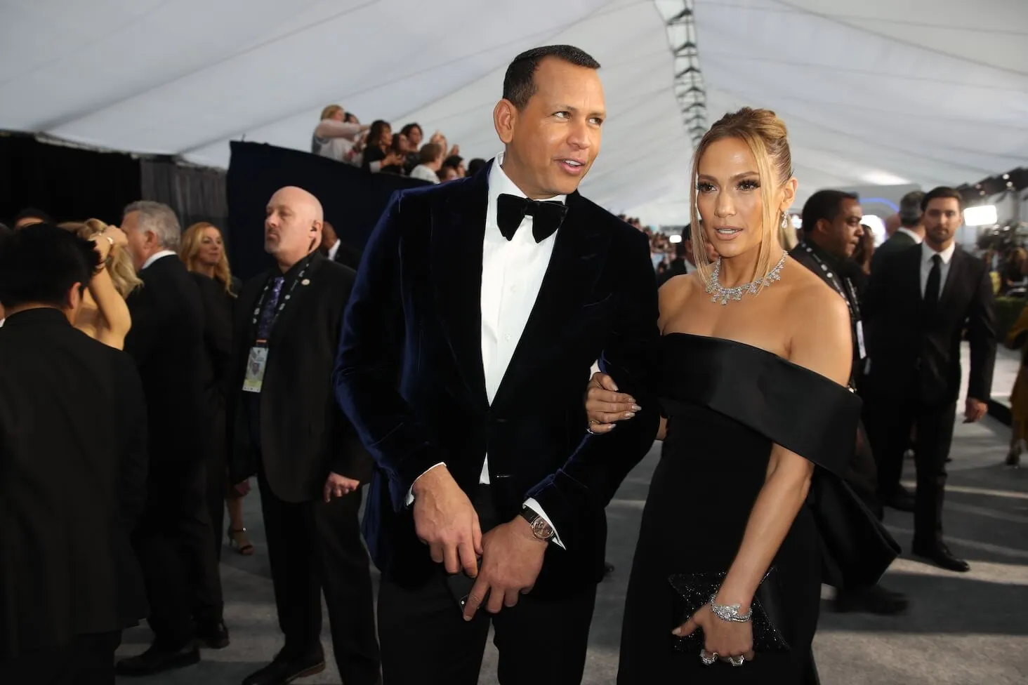 Alex Rodriguez in a tuxedo and Jennifer Lopez in a black off-shoulder dress arriving at the 26th Screen Actors Guild Awards in 2020