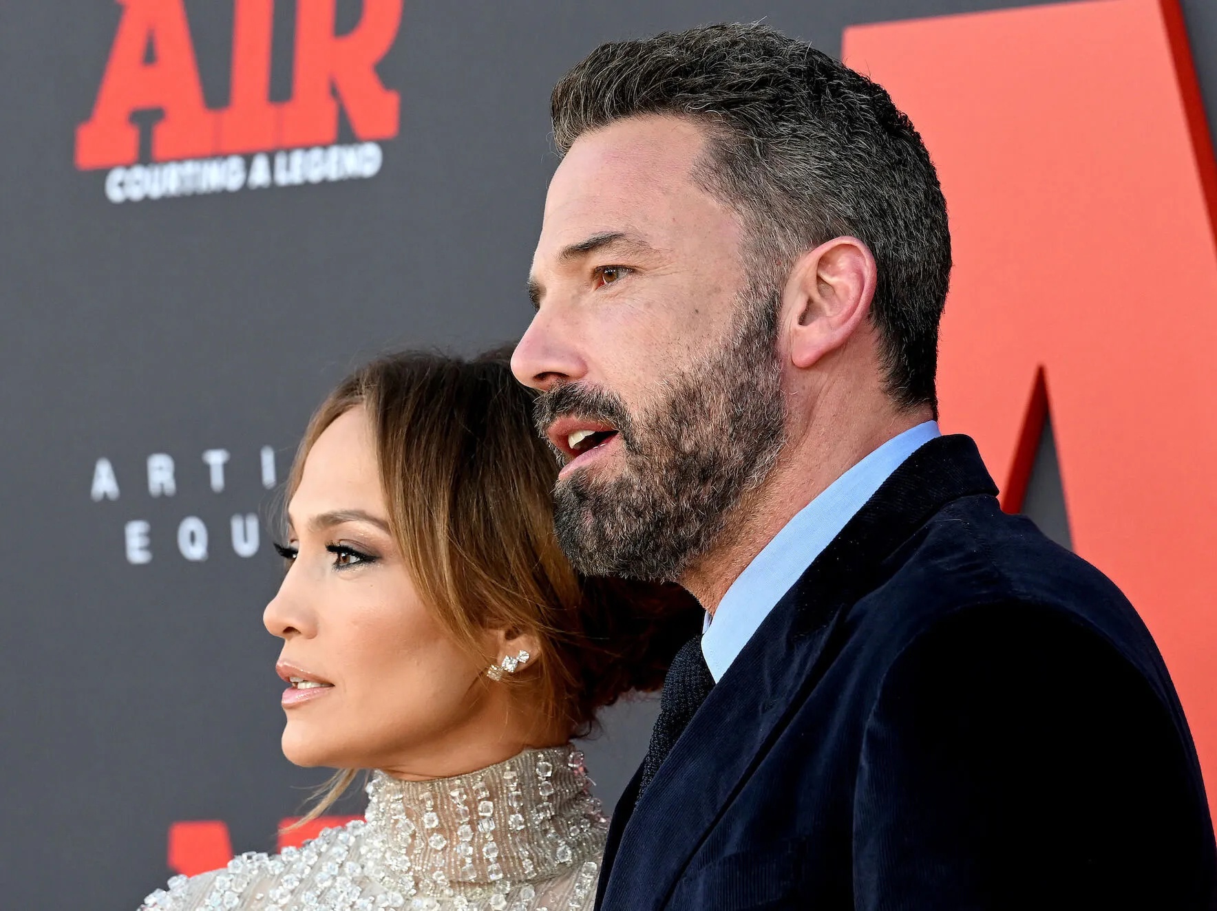 A side profile of Jennifer Lopez and Ben Affleck at the 'AIR' premiere in 2023