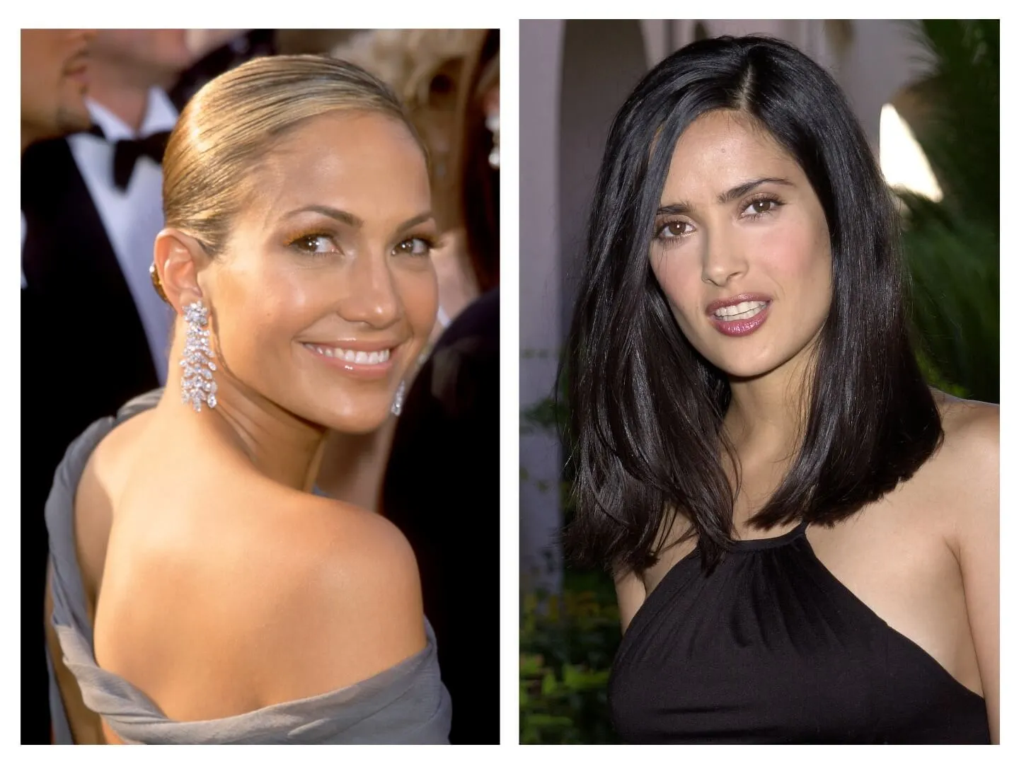 Jennifer Lopez wears a gray dress and turns toward the camera. Salma Hayek wears a black dress.