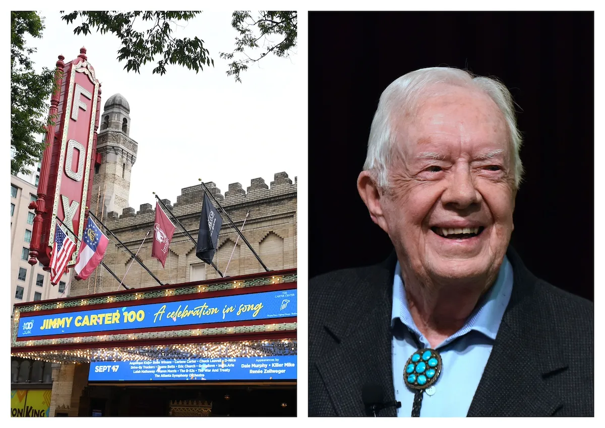 Fox Theater Atlanta marquee next to a 2019 photo of Jimmy Carter