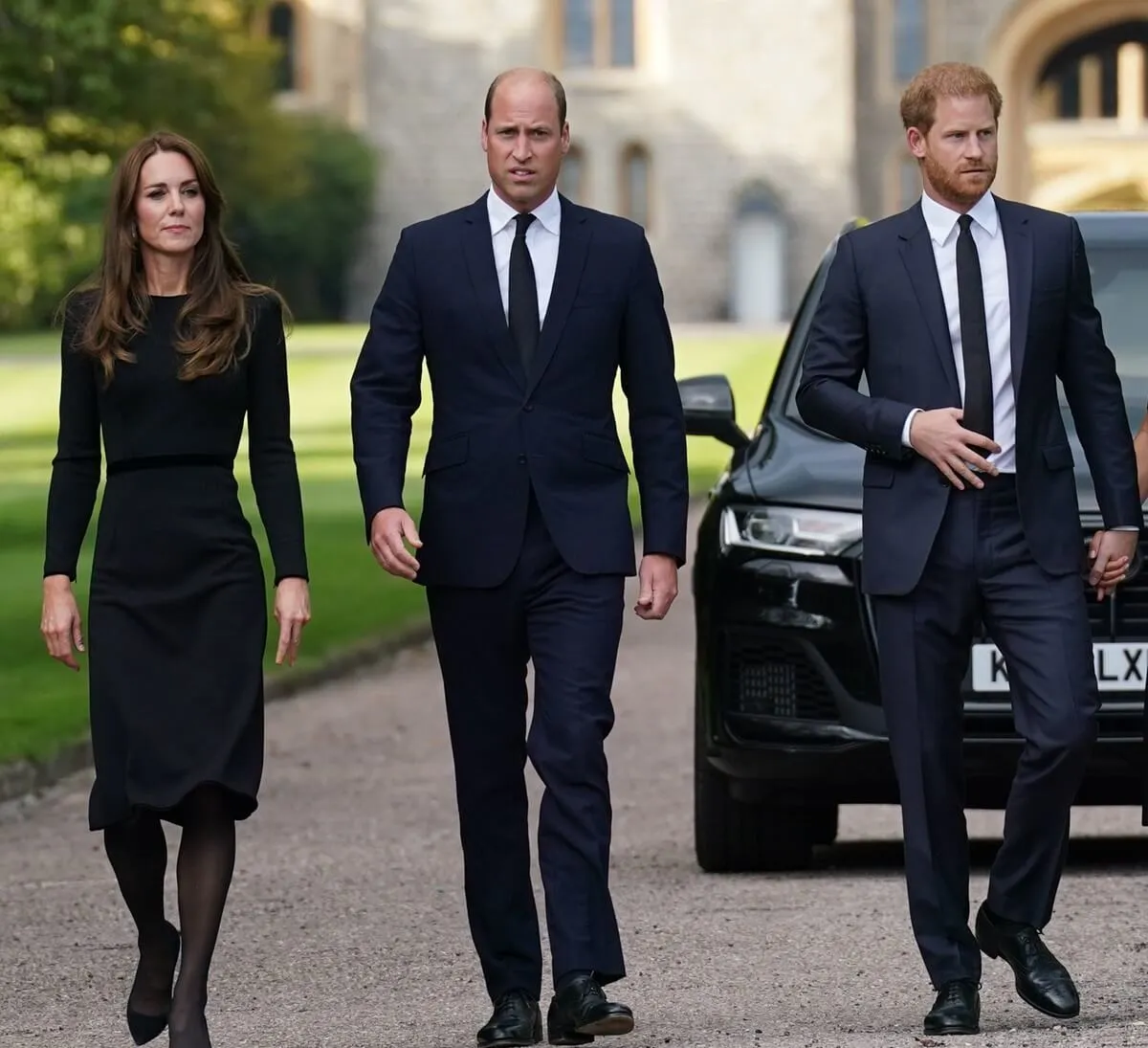 Kate Middleton, Prince William, and Prince Harry in the Long Walk at Windsor Castle